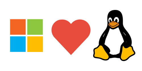 Microsoft logo, red heart, and penguin graphic.