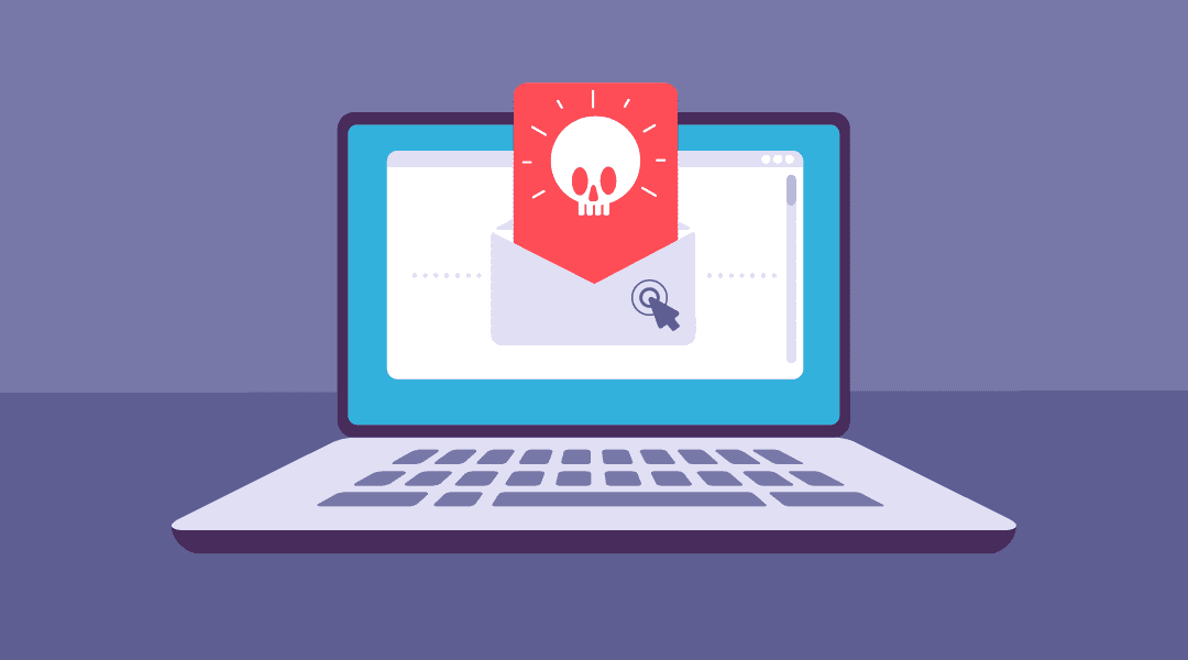 laptop screen displaying a skull pop out of an email that is being opened.