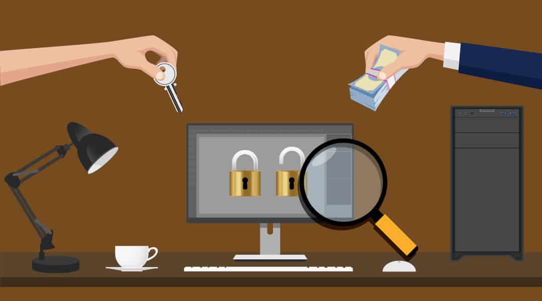 two hands holding a key and a stack of money hovering over a desktop computer with one locked Masterlock and one unlocked Masterlock under a magnifying glass