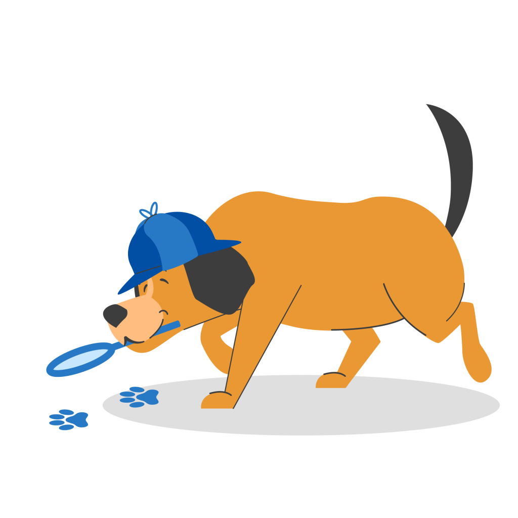 Animated brown dog investigating blue paw prints on the floor with a blue magnifying glass in mouth