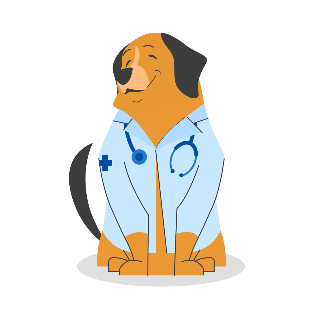 animated dog sitting and smiling with a blue lab coat and stethoscope around neck