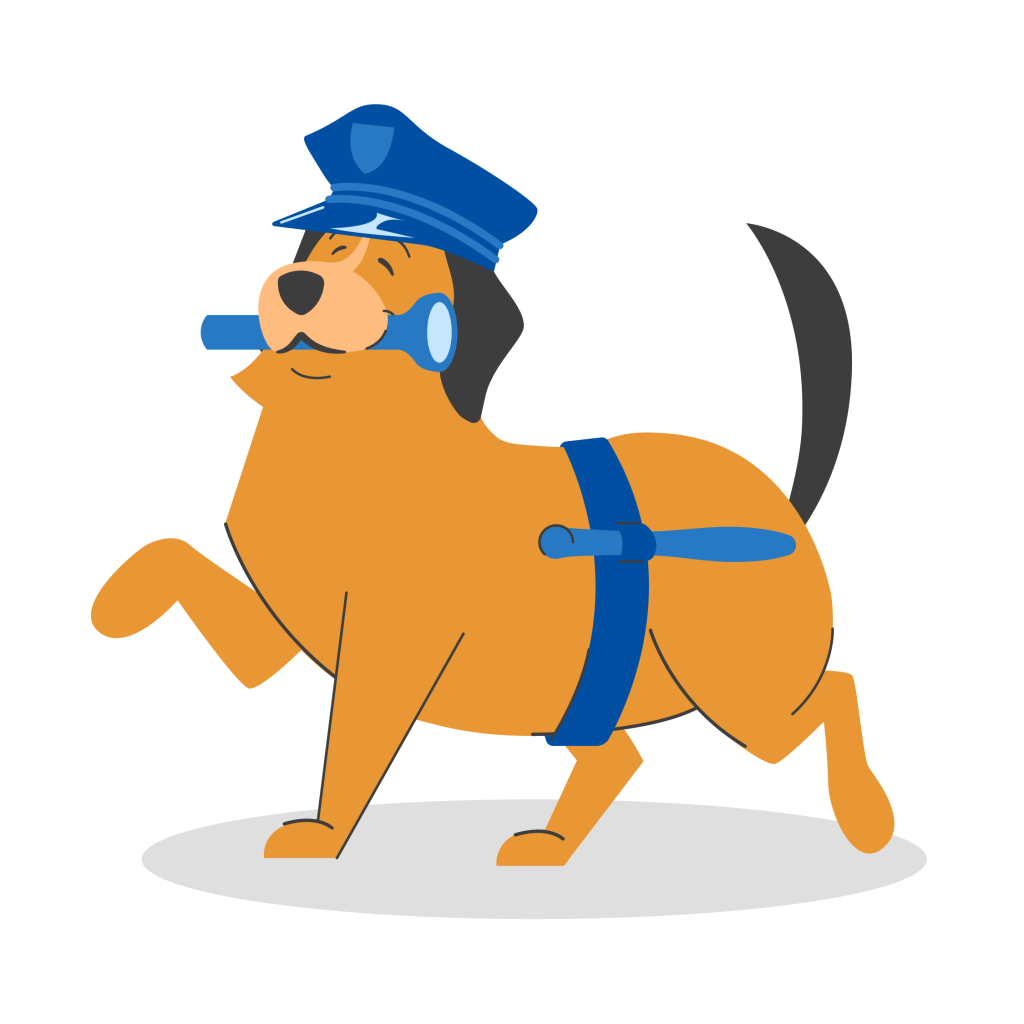 Animated brown dog walking with a blue service cap on its head, a blue flashlight in its mouth and a blue baton attached to a blue belt