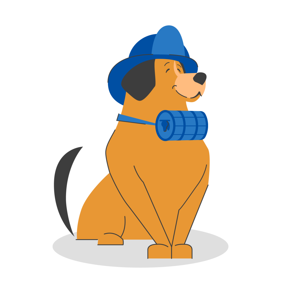 animated brown dog sitting with a blue hard hat and a blue whiskey barrel dog collar.