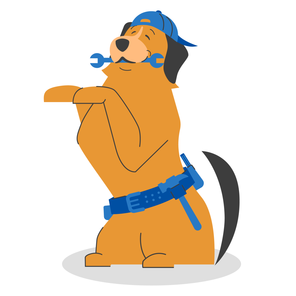 animated brown dog sitting up with blue wrench in its mouth and a blue tool belt around waist