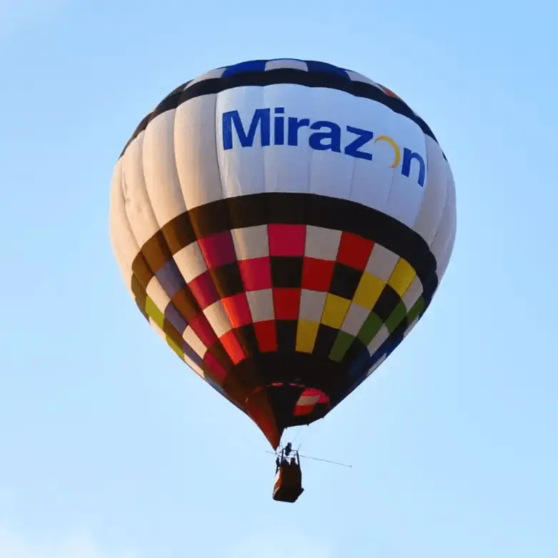 Colorful hot air ballon with "Mirazon" advertised on the side.